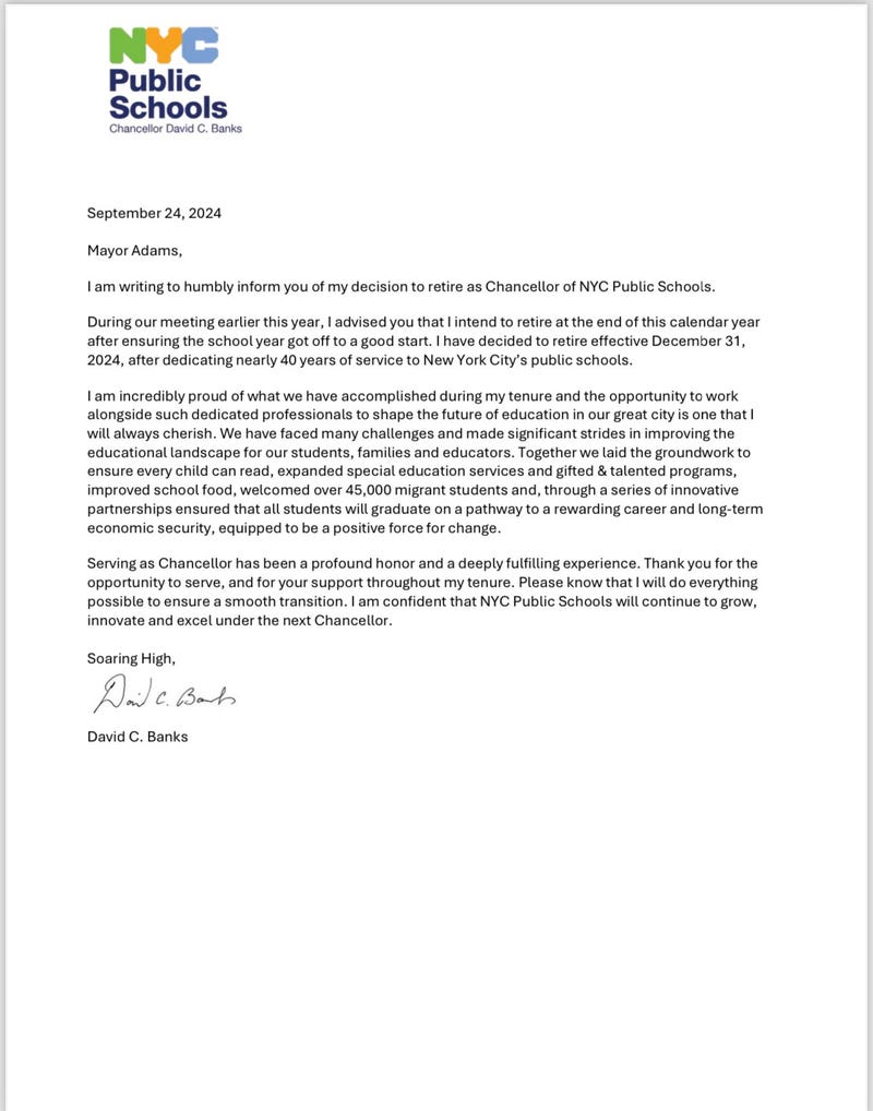 David Banks' resignation letter
