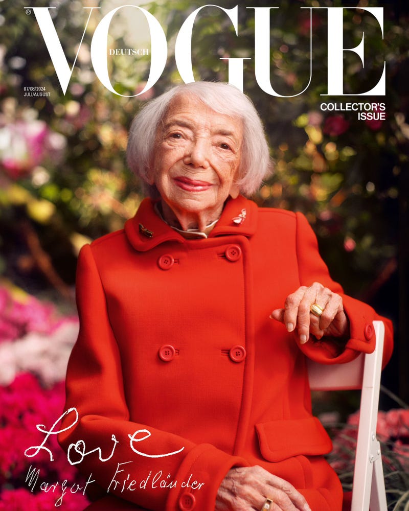 Margot Friedländer, a 102-year-old Holocaust survivor, graces the cover of Vogue Germany's love-themed July/August 2024 issue. Here, she wears a Miu Miu coat, at Berlin's Botanical Garden. Friedlander's signature is on the cover, and she also wrote "Love."