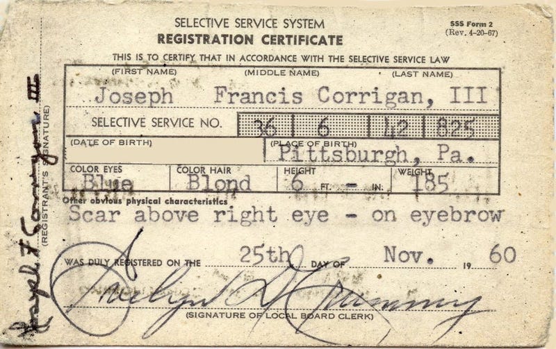 Draft card. Courtesy of Joseph Corrigan, C Troop, 2nd Squadron, 1st Cavalry Regiment, 4th Infantry Division, Dak To, Vietnam 1967–68