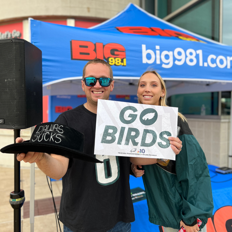 Eagles fans with BIG 98.1's Dallas Sucks hat before the Eagles vs. Cowboys game