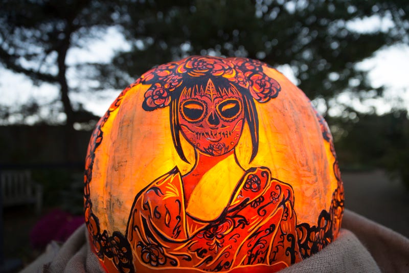 One of the carved pumpkins featured in the Chicago Botanic Garden's 2023 Night of 1,000 Jack-o-Lanterns.