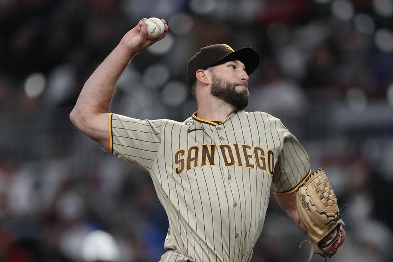 San Diego Padres starting pitcher Michael Wacha delivers in the first inning of the team's game against the Atlanta Braves, Saturday, April 8, 2023, in Atlanta.