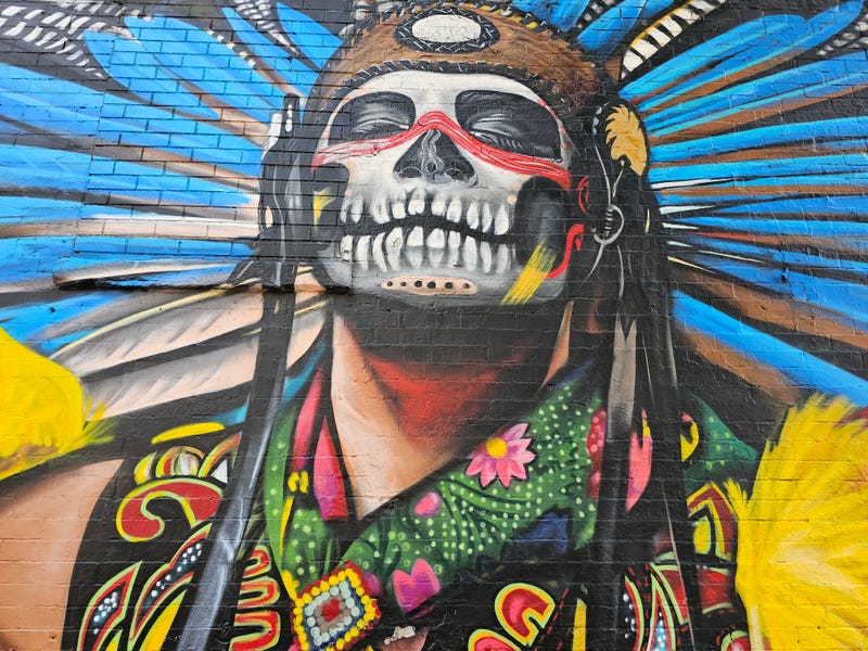Mural in Chicago's predominantly Mexican-American populated Pilsen neighborhood, by local artist Manuel 'MATR' Macias. This Aztec warrior is meant to evoke struggle and is based on a 2017 photo by Gustavo 'Gus' Meija.