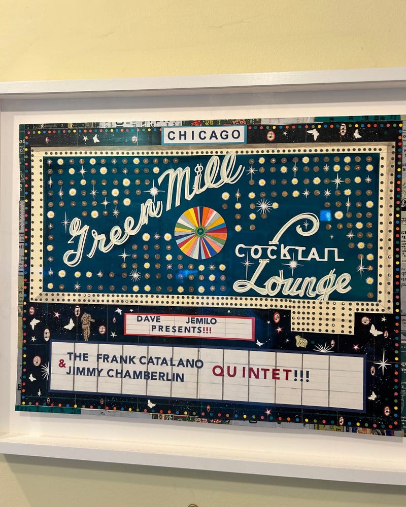 The original rendering by Tony Fitzpatrick, of what would later become a beloved mural depicting the Green Mill Cocktail Lounge. The image, in poster form will be available at Frank Catalano's shows at the Green Mill Halloween weekend 2025.