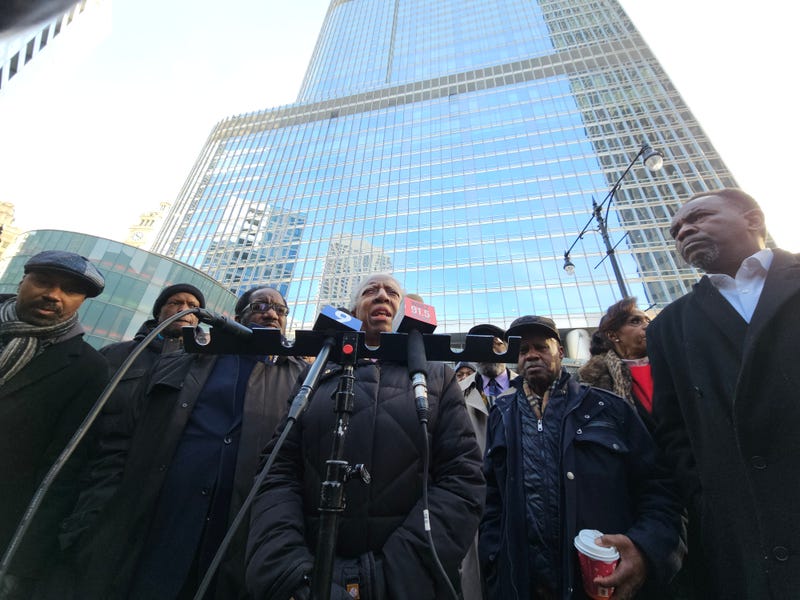 Faith leaders in Chicago gather outside Trump International Hotel and Tower Monday January 5, 2026, calling attention to disparities in property tax assessments, with recent reductions for property owners downtown while residents on the South and West Sides of the city receive increases in the double and even triple digits.