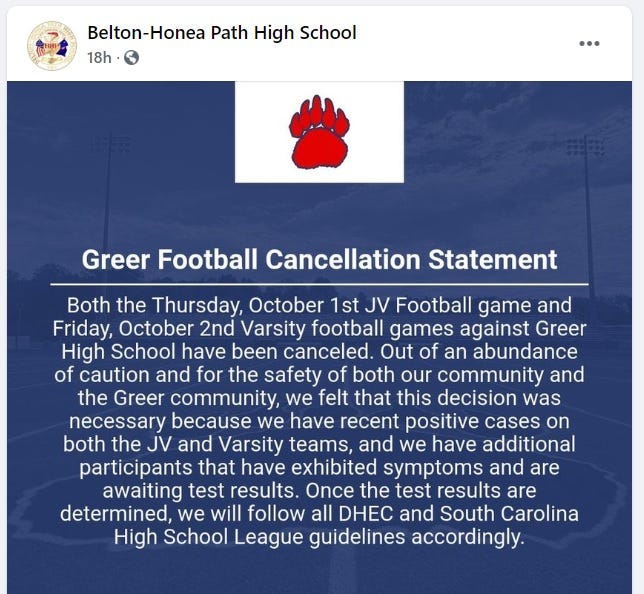 Facebook post Belton-Honea Path high school