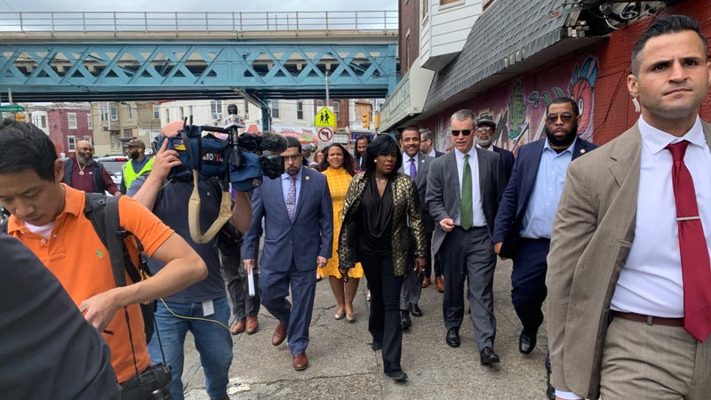 Mayor Cherelle Parker leads her entourage of city officials — and reporters — the six blocks from SEPTA's Kensington-Allegheny Station to Conwell Middle School for her 100-day address.