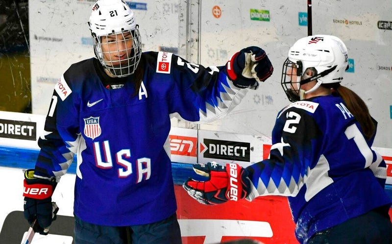 Goal scorer Hilary Knight, left, and assist Kelly Pannek of the U.S. celebrate game opening goal during the IIHF Women's Ice Hockey World Championships semifinal match between the United States and Russia in Espoo, Finland on Saturday, April 13, 2019. 