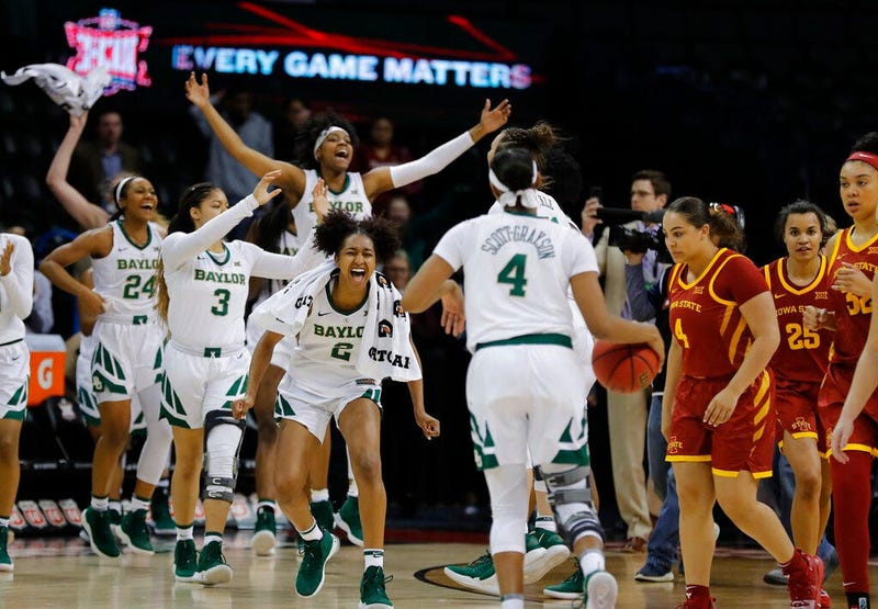 Baylor celebrates after defeating Iowa State during the Big 12 women's conference tournament championship in Oklahoma City, Monday, March 11, 2019. Baylor won 67-49.