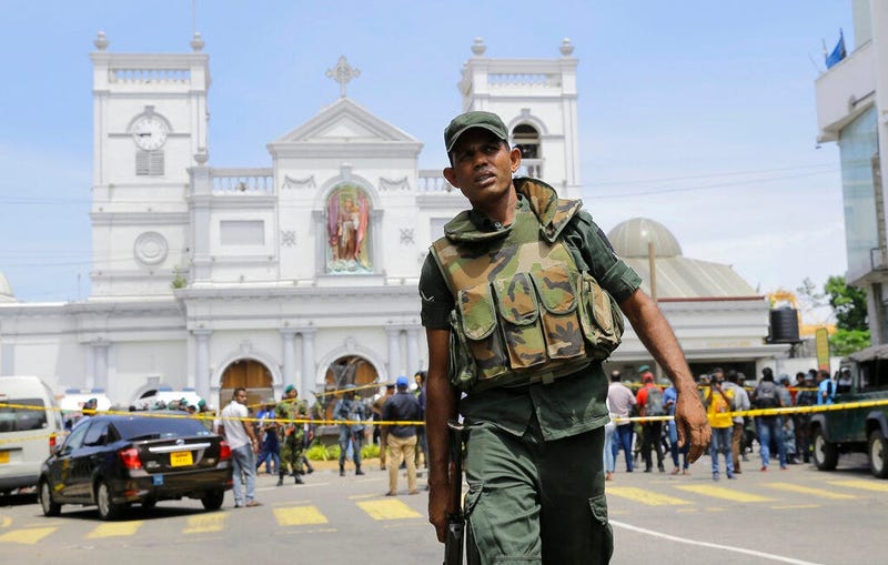 Sri Lankan Army soldiers secure the area around St. Anthony's Shrine after a blast in Colombo, Sri Lanka, Sunday, April 21, 2019. Witnesses are reporting two explosions have hit two churches in Sri Lanka on Easter Sunday, causing casualties among worshipp
