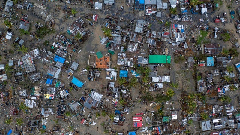Seen from a drone Praia Nova Village, one of the most affected neighbourhoods in Beira, razed by the passing cyclone, in the coastal city of Beira, Mozambique, Sunday March 17, 2019.