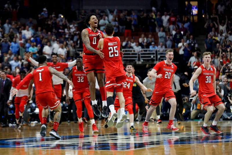 Texas Tech celebrates after a win against Gonzaga in the West Regional final in the NCAA men's college basketball tournament Saturday, March 30, 2019, in Anaheim, Calif. Texas Tech won 75-69.