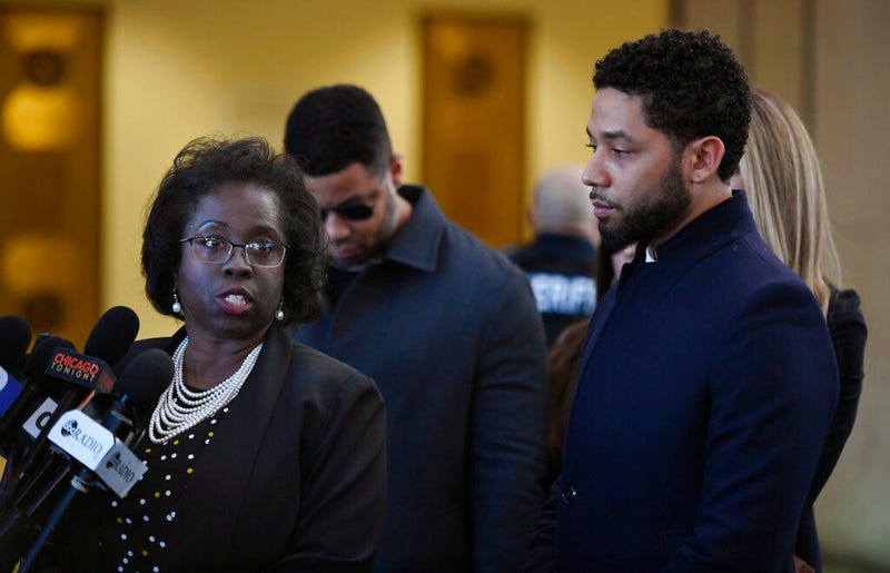 Actor Jussie Smollett, right, stands next to his attorney Patrica Brown Holmes during a news conference at Cook County Court after Smollett's charges were dropped Tuesday, March 26, 2019, in Chicago