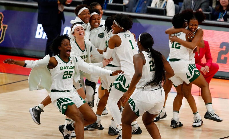 Baylor players celebrate their 72-67 win over Oregon during a Final Four semifinal of the NCAA women’s college basketball tournament Friday, April 5, 2019, in Tampa, Fla.