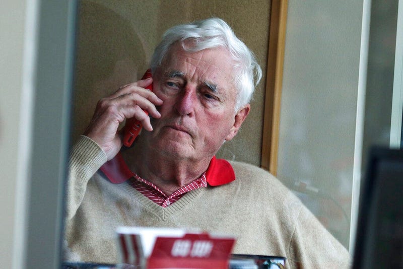Former Indiana men's basketball coach Bob Knight sits in the press box at Bart Kaufman Field during Indiana's baseball game against Penn State in Bloomington, Ind., Saturday, April 6, 2019. Knight made his first public appearance on campus since he was fi
