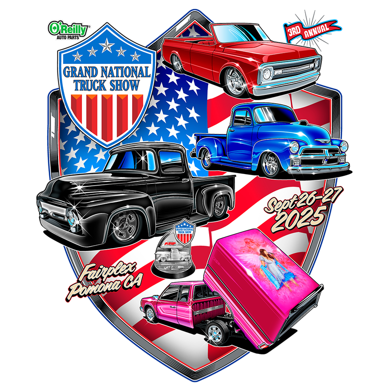Grand National Truck Show logo with classic trucks and O'Reilly Auto Parts sponsor logo