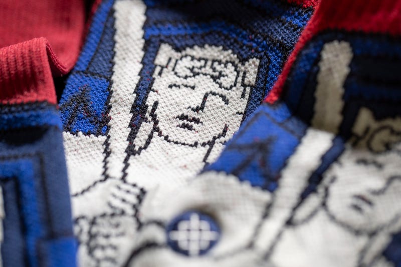 Baseball socks featuring a new logo for the Cleveland Guardians, as part of the 2024 MLB City Connect Series uniforms.