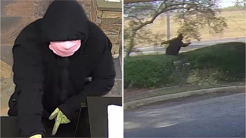 Bank robber falls three times.