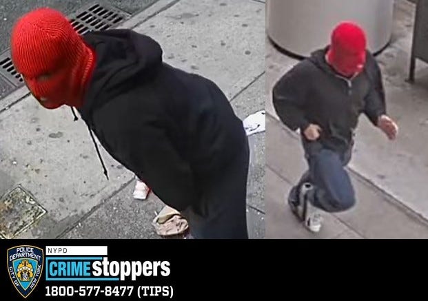 The man—clad in a red ski mask—attacked the woman in broad daylight on Monday morning