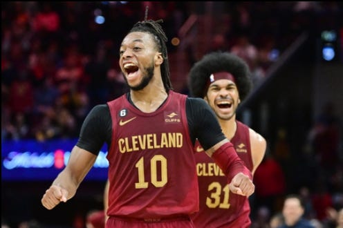 Cleveland Cavaliers guard Darius Garland (10) and center Jarrett Allen (31) react after a basket during the second half against the New Orleans Pelicans at Rocket Mortgage FieldHouse.