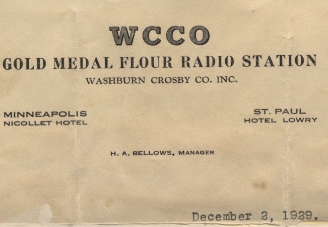 Early WCCO promotional card billing it as the “Gold Medal Flour” radio station in 1929.