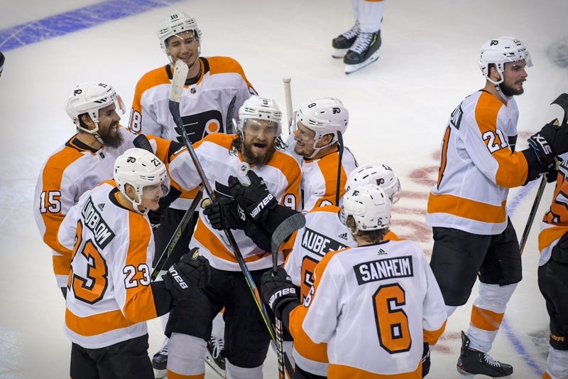 Philadelphia Flyers celebrate a game winning goal