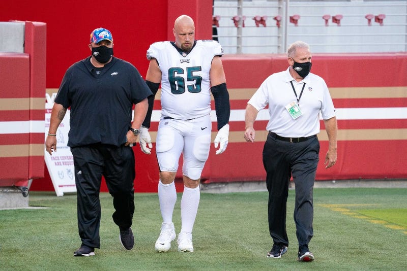 Philadelphia Eagles offensive tackle Lane Johnson (65) walks to the locker room