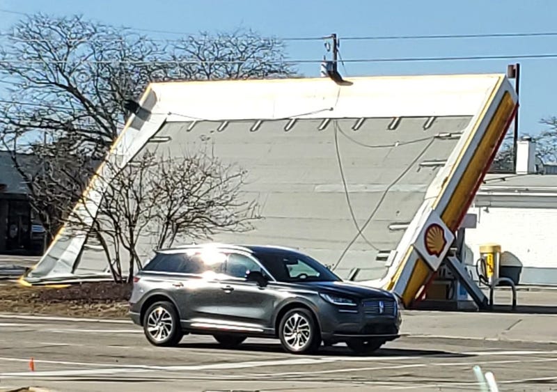 Shell gas station awning brought down by wind