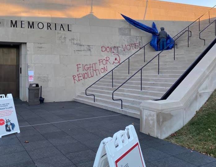 graffiti being sprayed off the outside of the WWI museum in Kansas City, MO