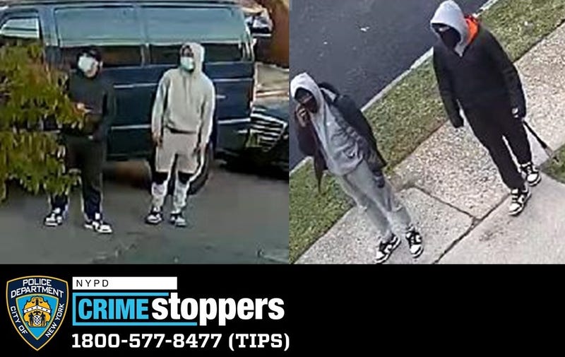 Police are searching for multiple suspects in the robbery spree. Here suspects are seen in the March 10 robbery (left) and the April 25 robbery (right)