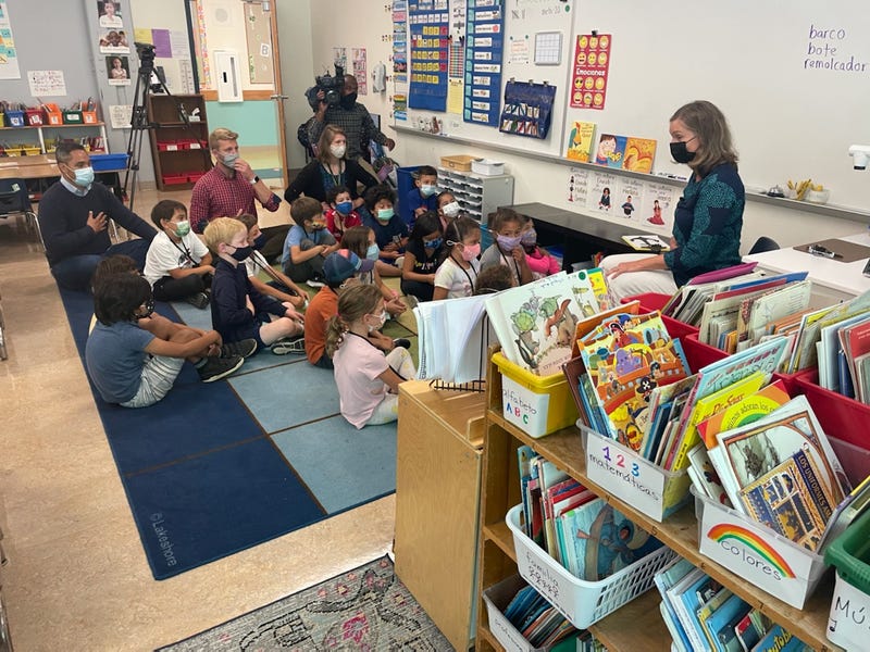 Susi Brennnan instructs first graders at Daniel Webster Elementary School in mindfulness meditation on Wednesday, Sept. 8, 2021.