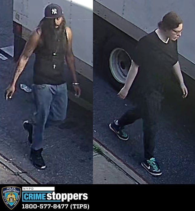 Cops are searching for two suspects after NYPD cameras and equipment were stolen off a downed pull in Brooklyn