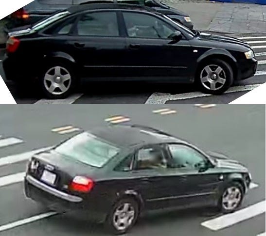 Police are searching for a black Audi four-door sedan with a paper license plate that was seen fleeing the scene Tuesday in Woodside