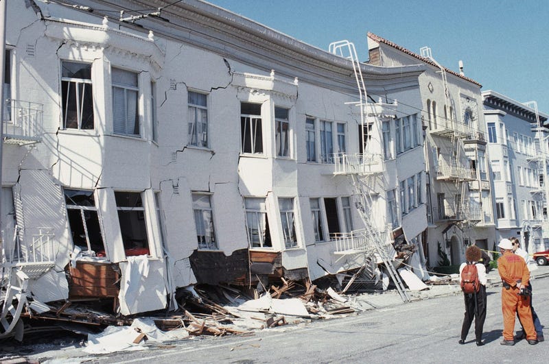 SAN FRANCISCO - OCTOBER 17: General view of the Marina district disaster zone after an earthquake, measuring 7.1 on the richter scale, rocks game three of the World Series between the Oakland A's and San Francisco Giants at Candlestick Park on October 17,