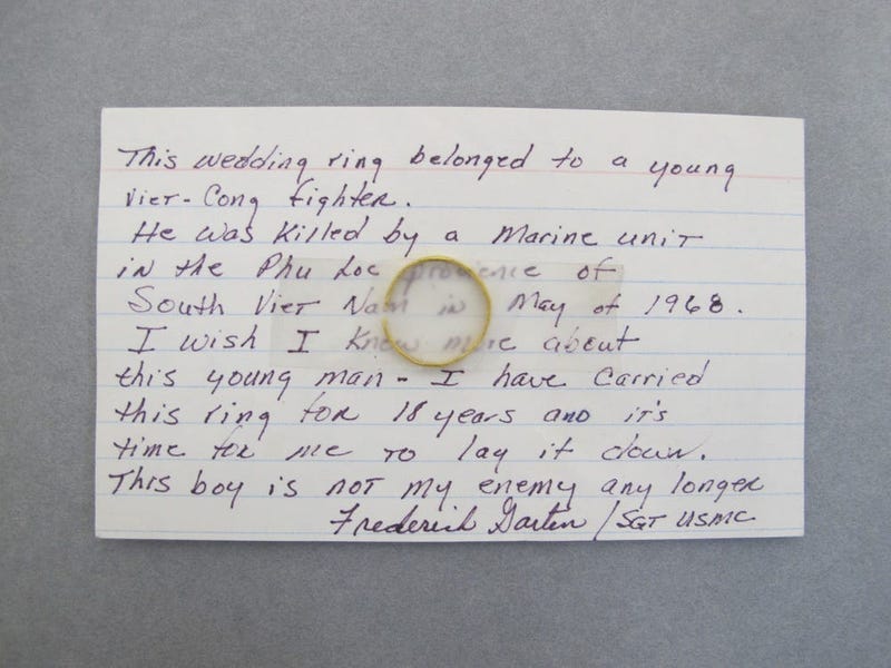 Visitors to the Vietnam Veterans Memorial sometimes leave items or remembrancesThis note with the attached wedding ring of a Vietnamese soldier is among the examples that will be on display at the New-York Historical Society