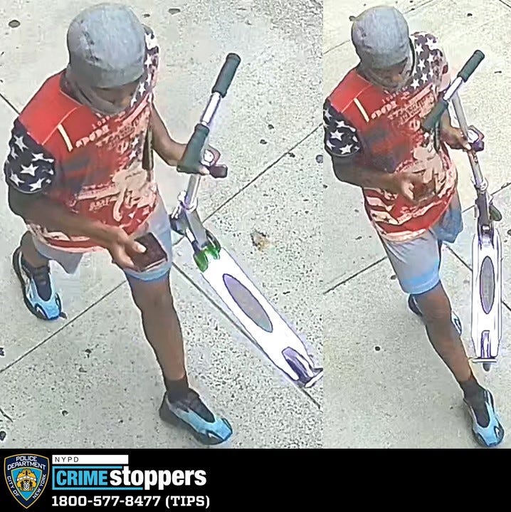 Surveillance images show the suspect holding a scooter after the robbery
