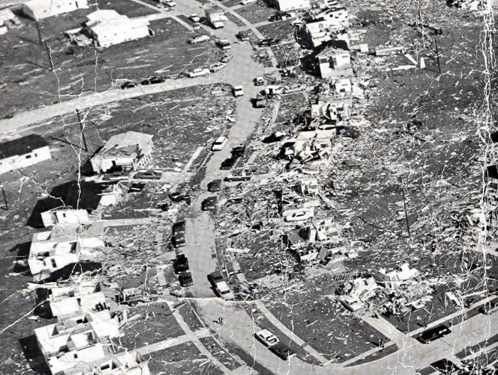 Aerial view of 1967 tornado damage near Chesterfield