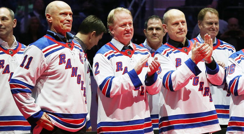Feb 8, 2019; New York, NY, USA; Rangers captain Mark Messier associate catains Brian Leetch and Adam Graves look on during the ceremony honoring the 1994 Stanley Cup Championship Rangers team at Madison Square Garden. Credit: Andy Marlin-USA TODAY Sports