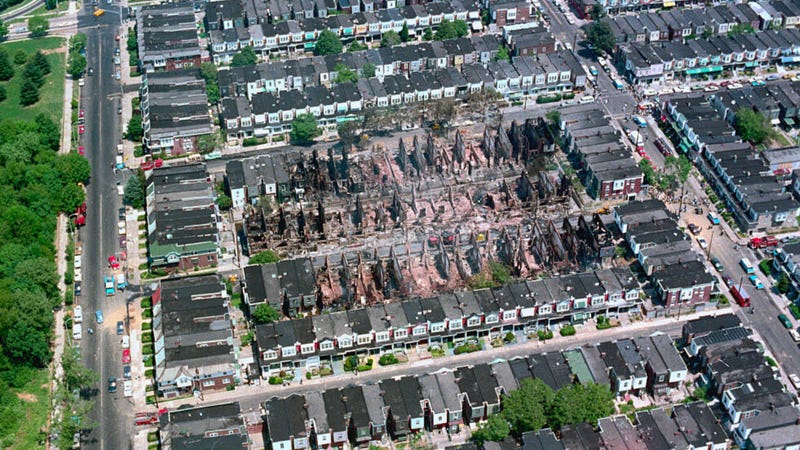A view of Osage Avenue in West Philadelphia after police, during an armed standoff, dropped a bomb on the headquarters of Black liberation group MOVE, killing five children and six adults, and burning 60 houses to the ground.
