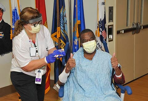 Air Force veteran Stephen Welch in VA Loma Linda Community Living Center receives the Moderna COVID-19 Vaccine.