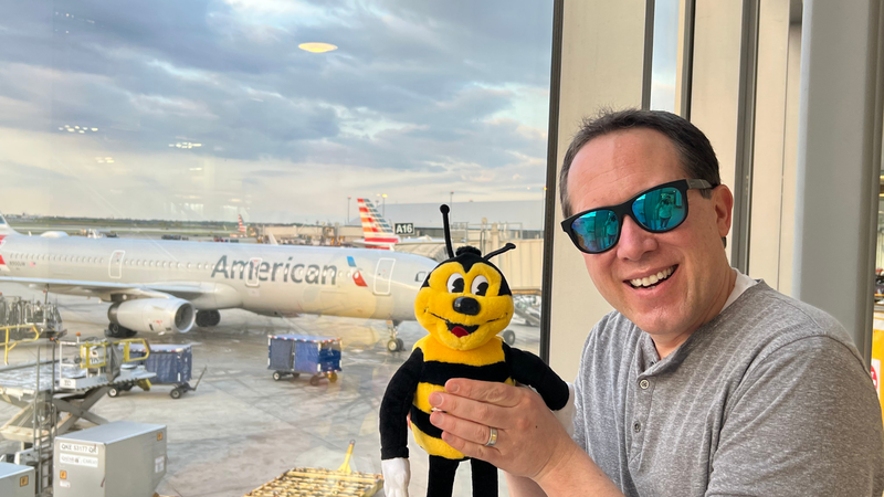 Day 1: Bobby and Buzzbee ready to board American Airlines and head to Sandals Ochi
