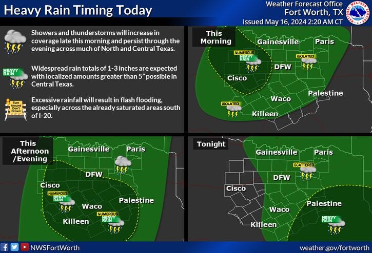 Rainfall timing for Thursday, May 16, 2024.