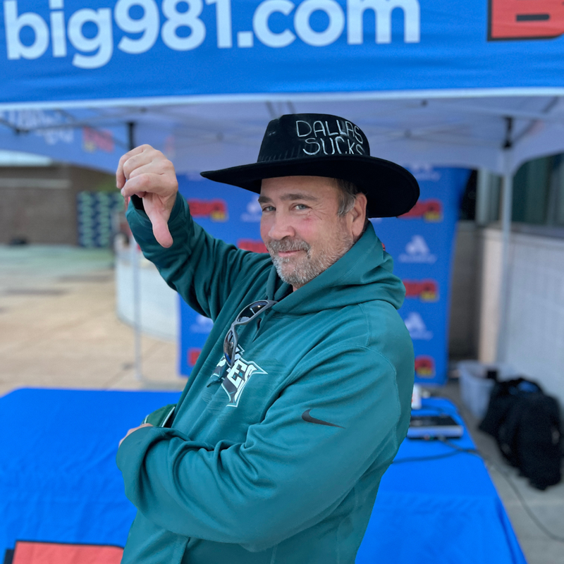 Eagles fans with BIG 98.1's Dallas Sucks hat before the Eagles vs. Cowboys game