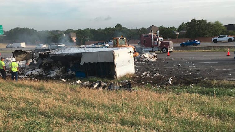 Big rig crashes and burns on I-20 in Arlington