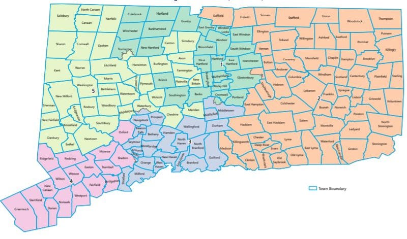 Connecticut's current map of congressional districts. The State Supreme Court is weighing changes after Democrats and Republicans failed to agree on a redistricting plan.