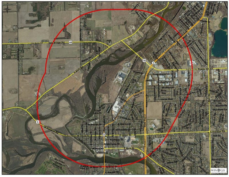 The evacuation area following a fire Monday at Chemtool Inc., 801 W. Rockton Road.