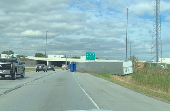 A semitrailer overturned in Hammond, Indiana on Oct. 17, 2019.