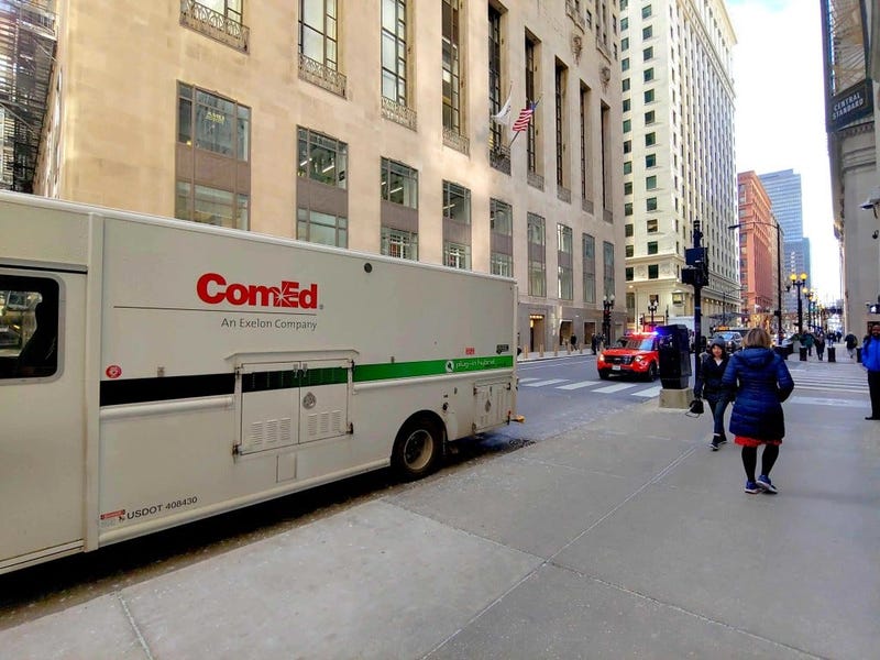 Two ComEd workers are taken by ambulance Dec. 17, 2019, with electrical burns from the 200 block of South La Salle Street. 