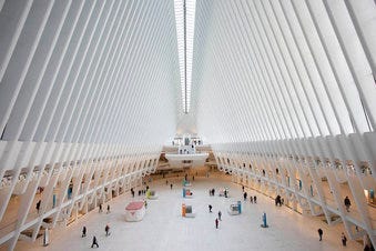 FILE - This March 16, 2020, file photo shows the Oculus at the World Trade Center's transportation hub in New York. (AP Photo/Mark Lennihan, File)