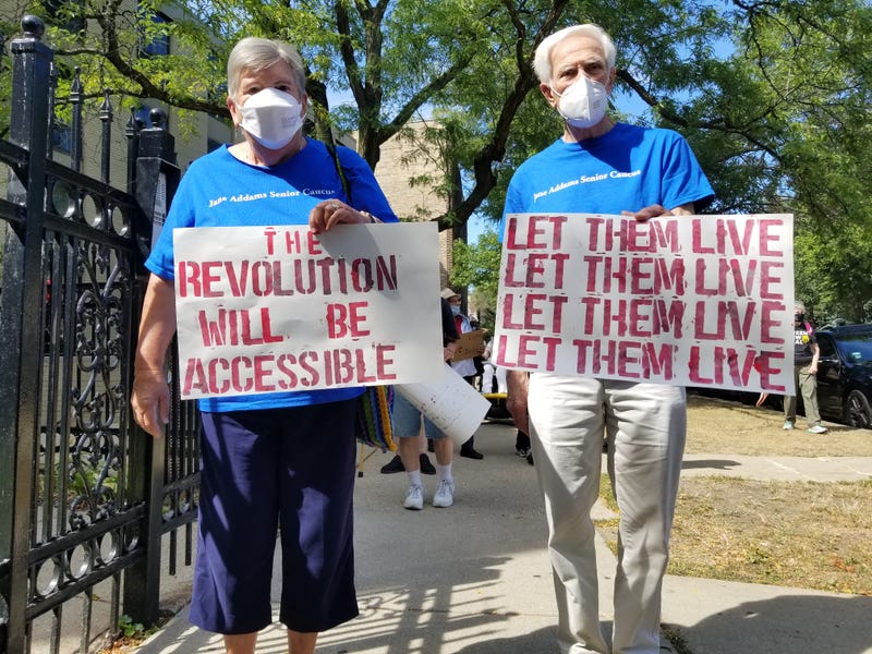A march in Rogers Park on Sunday was organized to highlight the experiences of the elderly and disabled on lockdown in long-term care facilities during the COVID-19 crisis and to demand Governor Pritzker take emergency action to relocate residents.